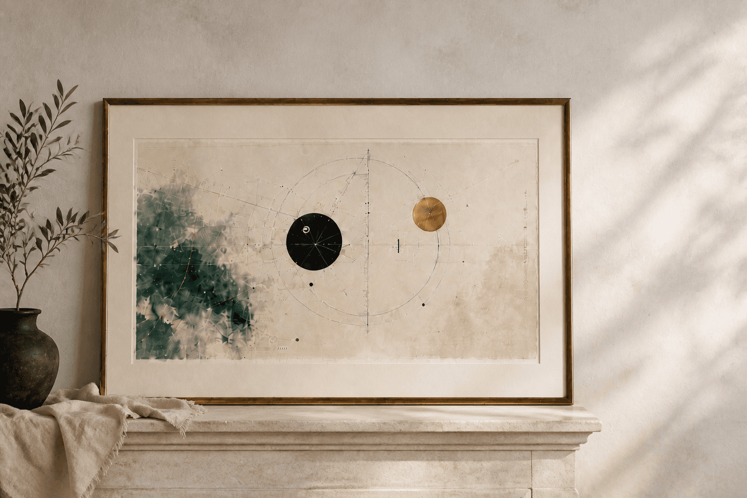 A large framed ivory Natalis birth-chart composition displayed above a pale stone mantel.