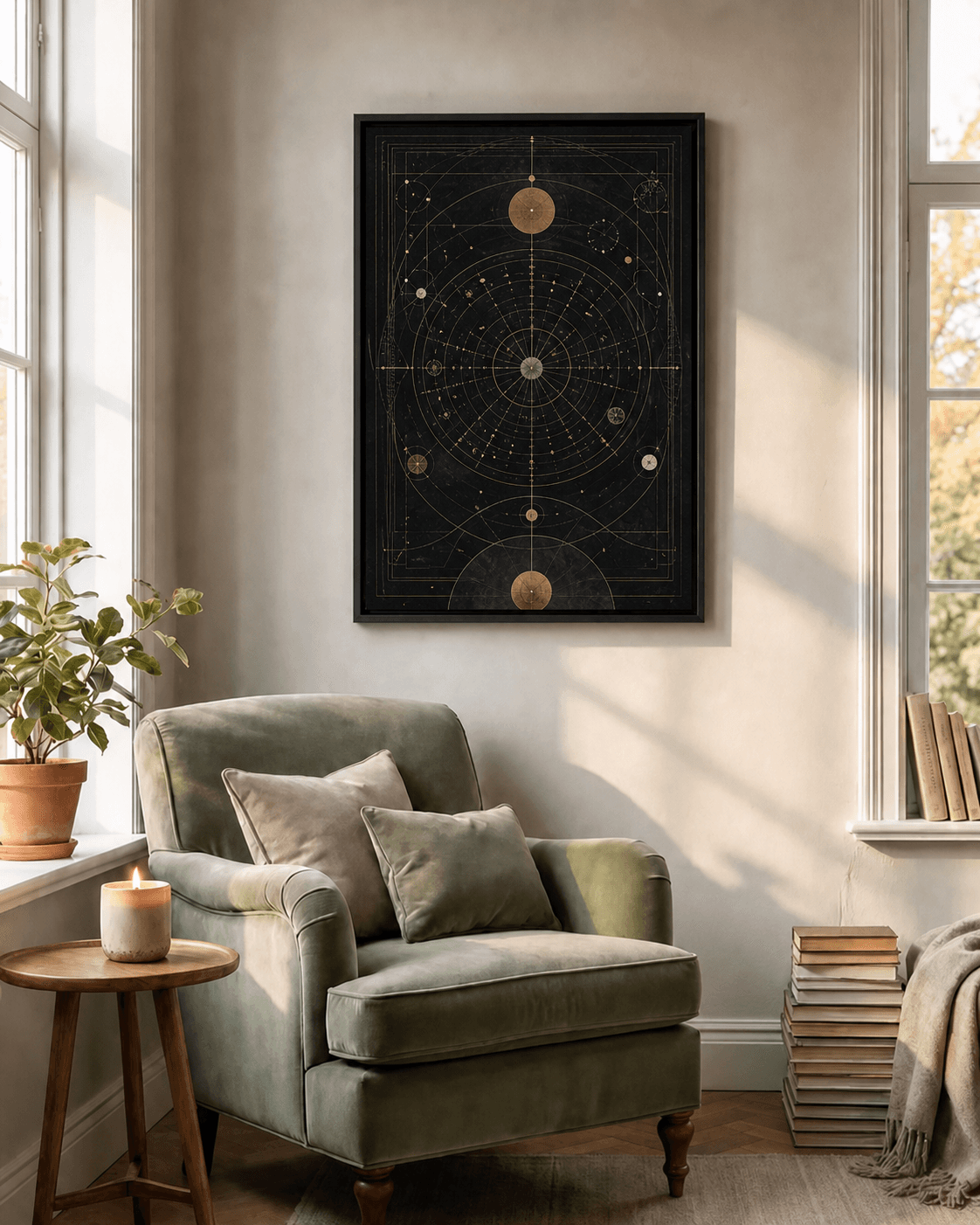 A framed abstract Obsidian birth-chart artwork in a warm room with a sage armchair.